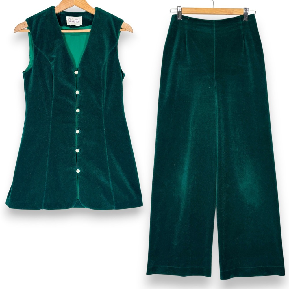 VTG 70s Vanity Fair Emerald Green Velvet Vest & Wide‎ Leg Pantsuit Womens S